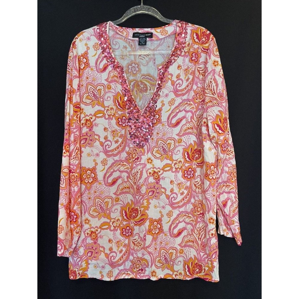 ST. TROPEZ WEST SIZE 2X LINEN RAYON BLEND SEQUINED FLORAL BLOUSE Shirt Tropical